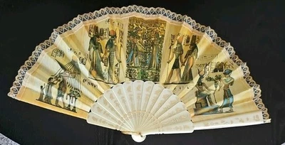 Винтажный египетский целлулоид ручной вентилятор ткани кружева золото пирсинг дизайн 17 1/2» открытый - Изображение 1 из 4