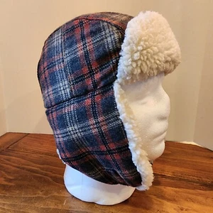 Childs Winter Hat Ear Flaps Trapper Cap Boys Size M Wool Blend Quilted Plaid - Picture 1 of 12