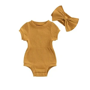Newborn Baby Girl Summer Jumpsuit Short Sleeve Romper with Bow Headband - Picture 1 of 6