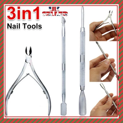 UK 3 Stck. Nail Art Nagelhaut Löffel Schieber Clipper Zange Maniküre Stahl Werkzeug Kit Set