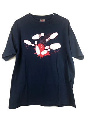 Camiseta de boliche vintage Oneita puntada única 100 % algodón azul gráfico T grande Foto 1 de 4