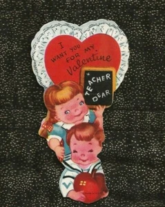 Vintage Stanzform Valentinstag AN LEHRER - MÄDCHEN mit BUNTSTIFT & KREIDETAFEL JUNGE mit APPLE - Bild 1 von 2