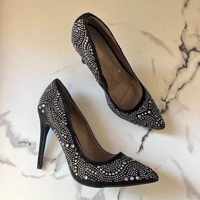 Anne Michelle Black Suede Rhinestone Pumps Size 8 - Image 1 of 4