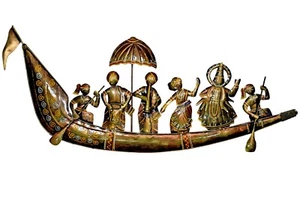 Metal Vintage Emboss Painting Golden Musician On Ship Large Wall Hanging 32 Inch - Picture 1 of 5