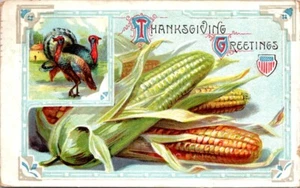 Cartolina Auguri Ringraziamento Tacchini Mais Goffrato 1911 Angolo Usura - Foto 1 di 2