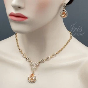 18k Gold Plated GP Topaz CZ Crystal Necklace Earring Wedding Jewelry Set 01348 - Picture 1 of 8
