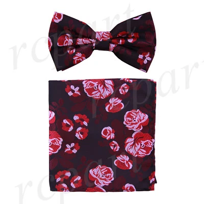 Conjunto de pajarita y pañuelo preatado de microfibra para hombre rojo rosa negro floral formal graduación Foto 1 de 4