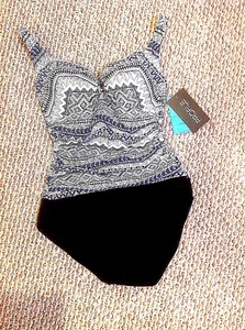 NWT SIZE 8 D-CUP GOTTEX PROFILE ONE PIECE SWIMSUIT, RET$138.00 W/BLACK, PURP, WH - Picture 1 of 6
