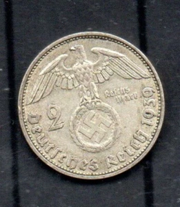 Alemania Tercer Reich Moneda Nazi 2 Reichsmark Moneda Plata 1939 D Hindenburg - Imagen 1 de 2
