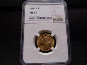 1901-S MS63 Liberty $5 Gold Half Eagle NGC Certified - Bright/Fantastic Example - Picture 1 of 8