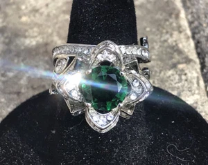 2-in-1 Womens Emerald CZ Silver Engagement Wedding Band Ring Set Size 9 - Picture 1 of 8