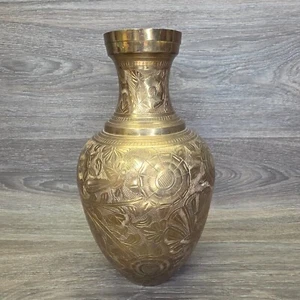 Jarrón antiguo original dorado plata pájaro Oriente Medio flor grabado a mano 10,5 - Imagen 1 de 15