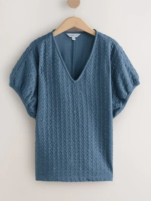 Next SP Womens Blue V Neck Short Puff Sleeves Textured T Shirt Size 14 - Image 1 of 4