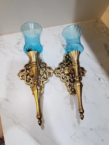 Antique Cast Iron Gold Wall Sconces Scroll Design Blue Glass Votives Read - Picture 1 of 13