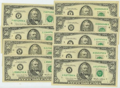 FR. 2122 1985 $50 (9) Federal Reserve Notes All Different Districts DC-6241 - Image 1 of 3