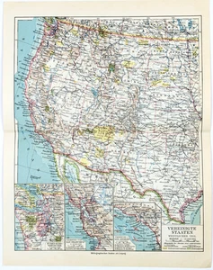 1930  WESTERN UNITED STATES Map ORIGINAL Brockhaus - Texas  California  Montana - Picture 1 of 3