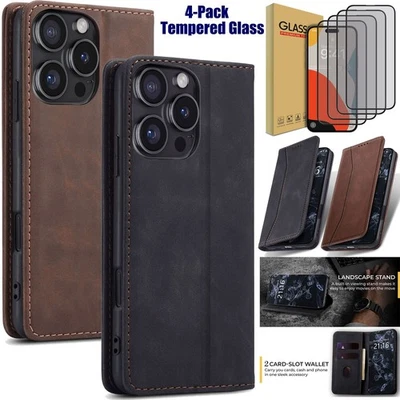 For iPhone 16 Pro Max/Plus/Pro/16/16e Case Leather Wallet Cover / Tempered Glass - Image 1 of 4