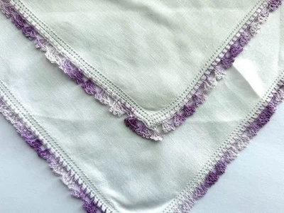 VINTAGE HANKY WHITE IRISH LINEN HAND CROCHET PURPLES EDGING DOUBLE HEMSTITCHING - Image 1 of 3
