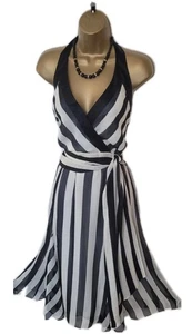 NEW FLARE DRESS by M&S AUTOGRAPH UK 18 BLACK /WHITE STRIPED 100% PURE SILK ZIP - Picture 1 of 13