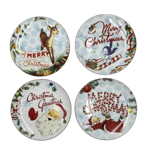 Rosanna Retro Christmas Greetings Santa Reindeer Snowman Dessert Plates 4 Pc Set - Picture 1 of 12