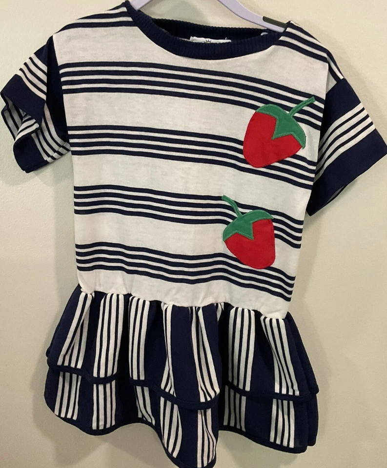 Florence Eiseman Size 4 Navy  Stripes, Red & Green Strawberry  Dress Vintage - Image 1 of 4