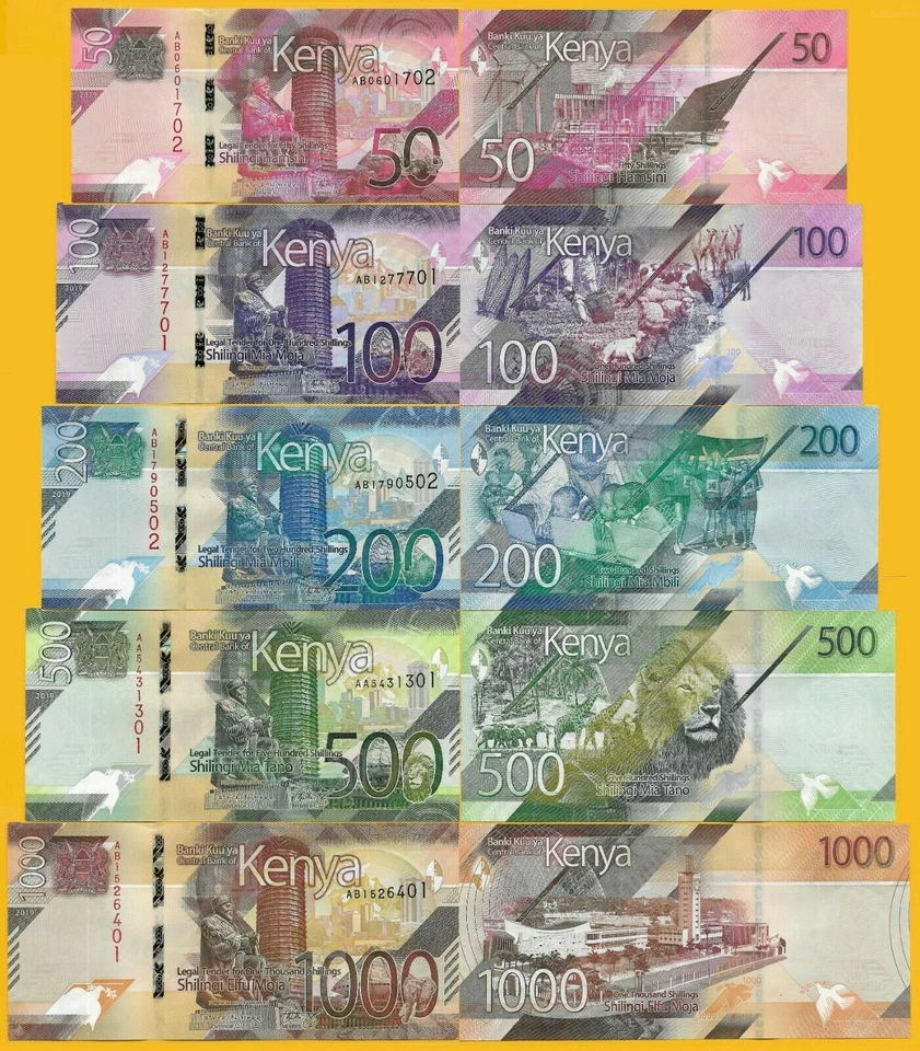 SET Kenia, 50.100.200.500.1000 chelines, 2019, P-nuevo, UNC nuevo diseño Foto 1 de 1