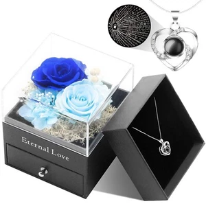 Preserved Eternal Real Rose Flower Gift Box With 14K Gold Plated Silver Necklace - Picture 1 of 14