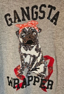 H&M Gangster Wrapper Pug Dog Sequin Knit Christmas Sweater Gray Small Urban Hip - Imagem 1 de 4