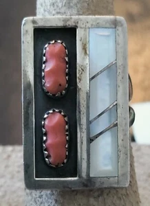 Vtg Modernist Zuni Sterling Silver Red Coral & MOP Ring Size 7 Signed F Panteah - Picture 1 of 12