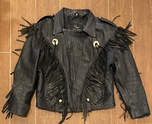 Vintage GLAM "Made in England" Black Leather Fringe Jacket Med Moto Boho RARE - Bild 1 von 7