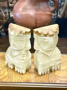 Set of 2 Aztec Mayan Tiki Carved Marble Onyx Stone Bookends - Picture 1 of 6