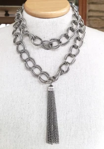 Vintage Chain Tassel Pendant Silver Tone Double Curb Link Claspless Necklace 32" - Picture 1 of 6