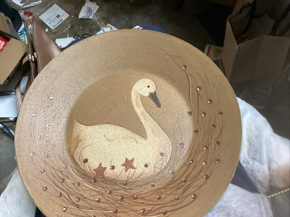 Farmhouse 13" Country Primitive Deco Wood Plate W/ Swan Design - Image 1 of 2