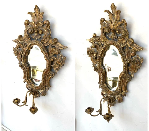 Pair Vintage Gold Gilt Bevel Mirror Rococo Carved Wood Candle Sconces Cover