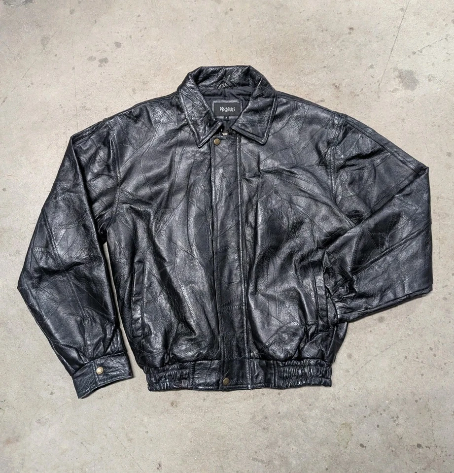 Chaqueta de cuero vintage pb basics patchwork para hombre M cierre de cremallera negra  Foto 1 de 4