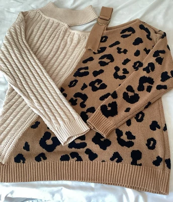 Andree Sweater Women Size 2x Black Brown Wild Animal Cheetah One Shoulder Boho - Image 1 of 4