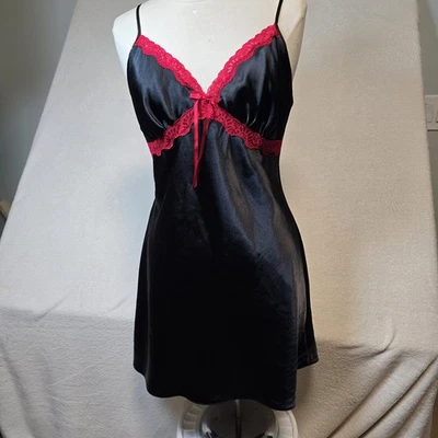 Camisón Babydoll Linea Donatella Mujer M Negro Satinado Rojo Encaje -LEER Foto 1 de 4