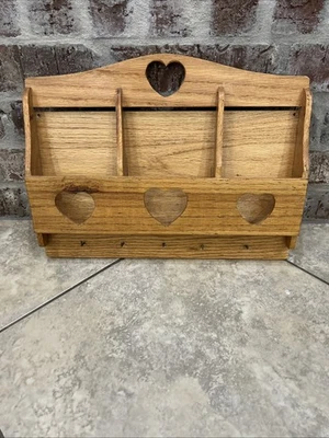 Vintage Wall Hanging Caddy Letter Mail and Keys Organizer/Mail Holder Wood Heart - Image 1 of 4