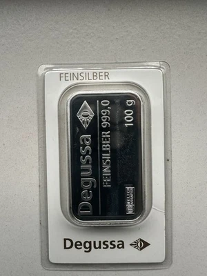 Silberbarren 100 Gramm von Degussa, Feinsilbergehalt 999 - Bild 1 von 3