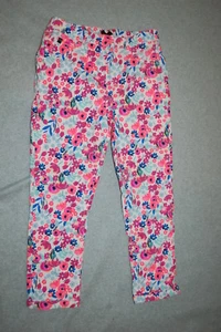 Girls Pants CROPPED JEGGINGS White WILDFLOWERS Pink Magenta Teal Blue L 10-12 - Picture 1 of 2