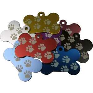 Bone Shaped W/Paw Anodised 38mm Engraved Pet ID Tags Discs Disk Dog Cat Identity