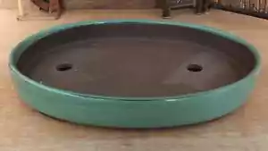 Japanese Bonsai Pot Banko Ware Oval Green Glazed 13.3in (34cm) - Picture 1 of 5