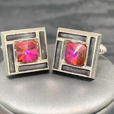 Gemelos vintage Rivoli Vitrail piedra rosa tono plata con esmalte negro cuadrado Foto 1 de 4