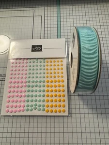 Stampin Up! Embellishment Set, 1 Pool Party Crinkle Ribbon and 1 Party Dots NEW - Picture 1 of 5