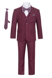 Magen Boys SLIM FIT Formal suit 7 pc set coat,vest,pant,shirt,clip tie Burgundy - Picture 1 of 6