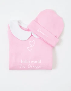 Cappello personalizzato Hello World Babygrow tuta rosa collare bambino cresce VENDITA - Foto 1 di 3