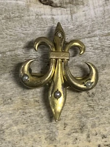Vintage Fleur De Lis Gf Gold Filled Pin Watch Hanger Brooch W/seed Pearls - Picture 1 of 8