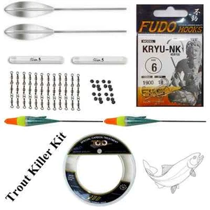 kit lenze pesca trota lago bombarda vetrino girelle ami filo galleggiante trote - Foto 1 di 1