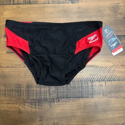 Speedo Endurance+ Swim Briefs Mens 34 Black Red Competition Training NEW - Image 1 of 4