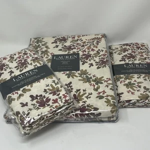 Lauren Ralph Lauren Oblong 60x104 Tablecloth & 8 Napkins Set Cream Floral Cotton - Picture 1 of 11